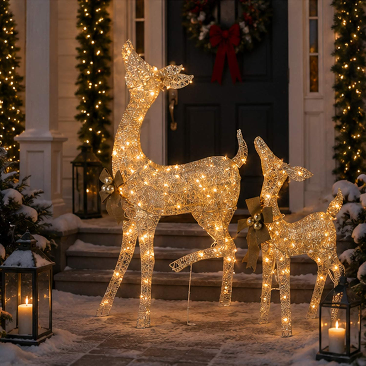 38IN & 28IN Pre-Lit Fawn and Doe Deer Decoration Set