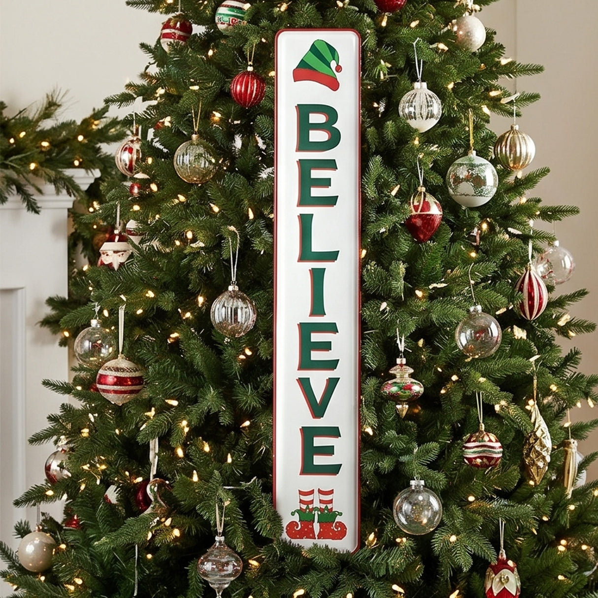 47IN Believe Metal Vertical Holiday Wall Sign Elf Theme