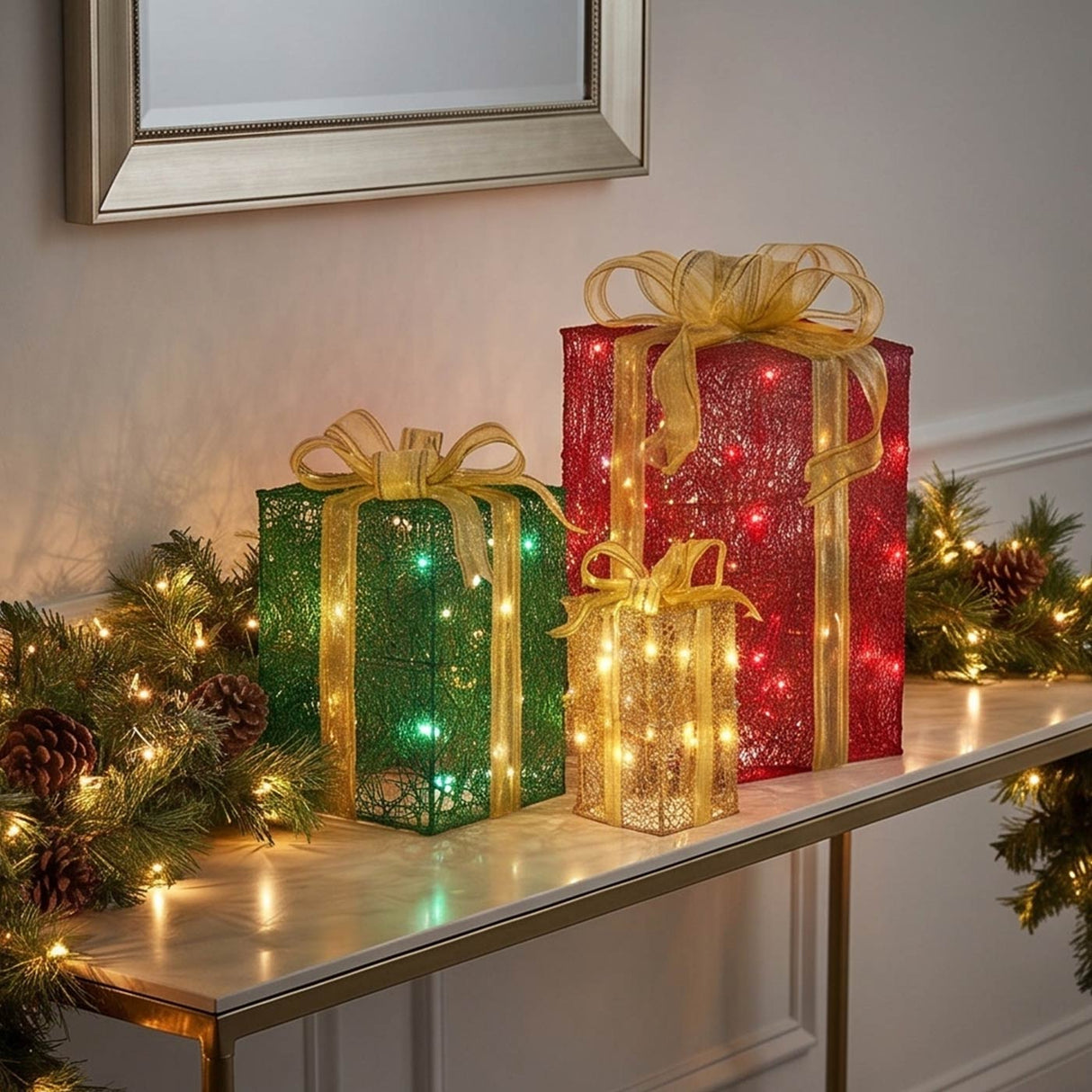 Pre-Lit Multicolor Christmas Gift Boxes Set of 3 with Warm White Lights
