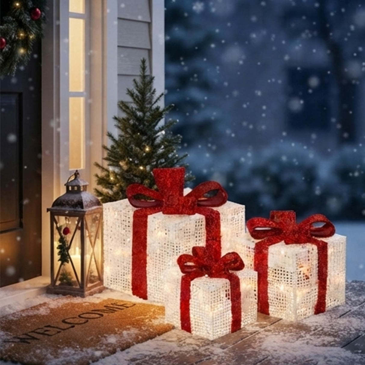 Pre-Lit White Christmas Gift Boxes Set of 3 with Clear Lights Plug-In