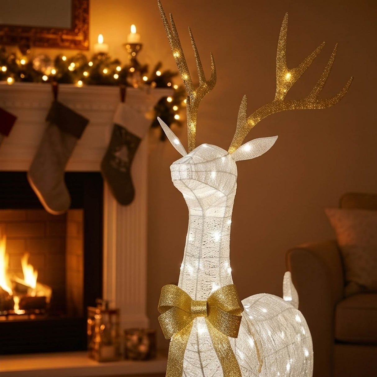 Pre Lit Crystal White Standing Buck with White LED Lights 18 Inch