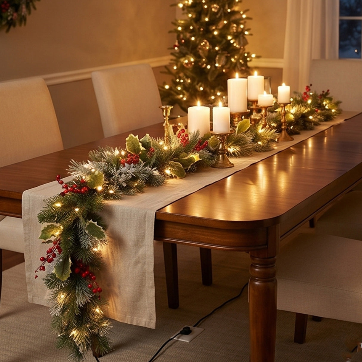 9FT Pre-Lit Classical Collection Garland with Clear Lights & Holly Leaves