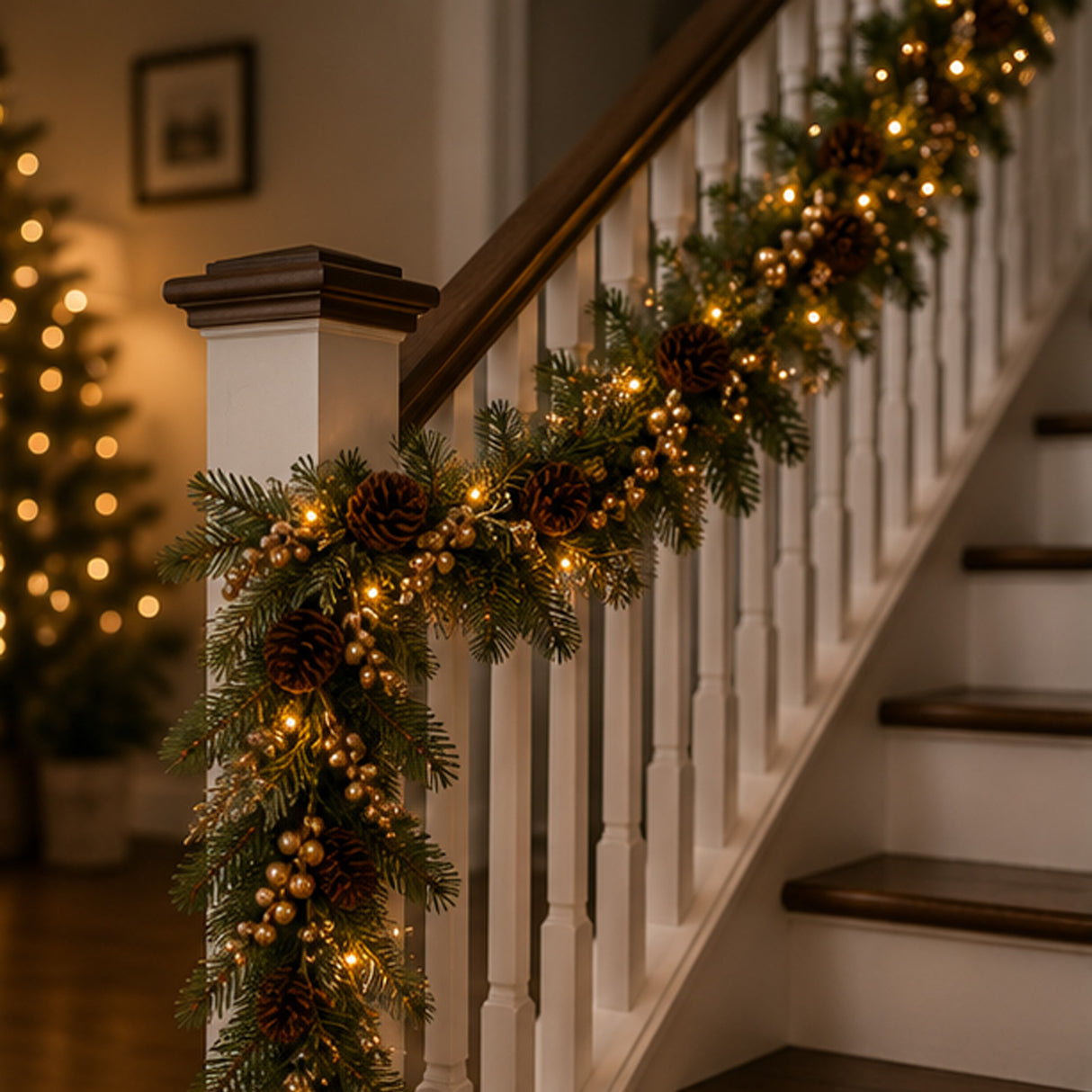 Pre-Lit Glittery Gold Pine Garland with Clear Lights, 9 Foot (Plug-In)