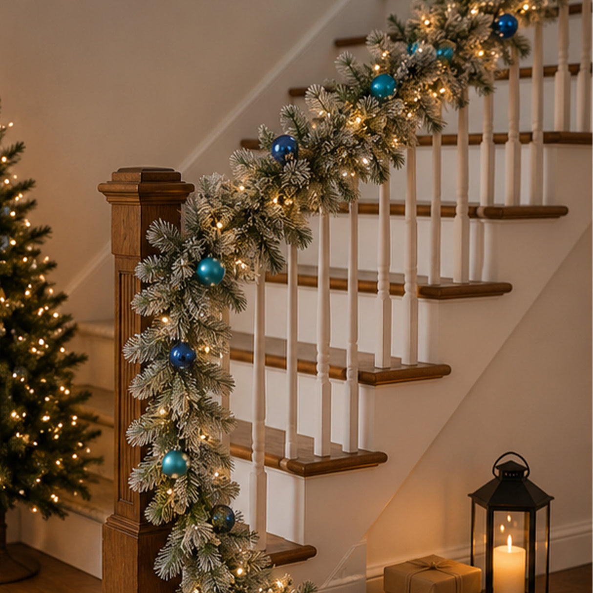 Pre-Lit Snowy Tinkham Pine Christmas Garland with Blue Ornaments & LED Lights, 9 Foot