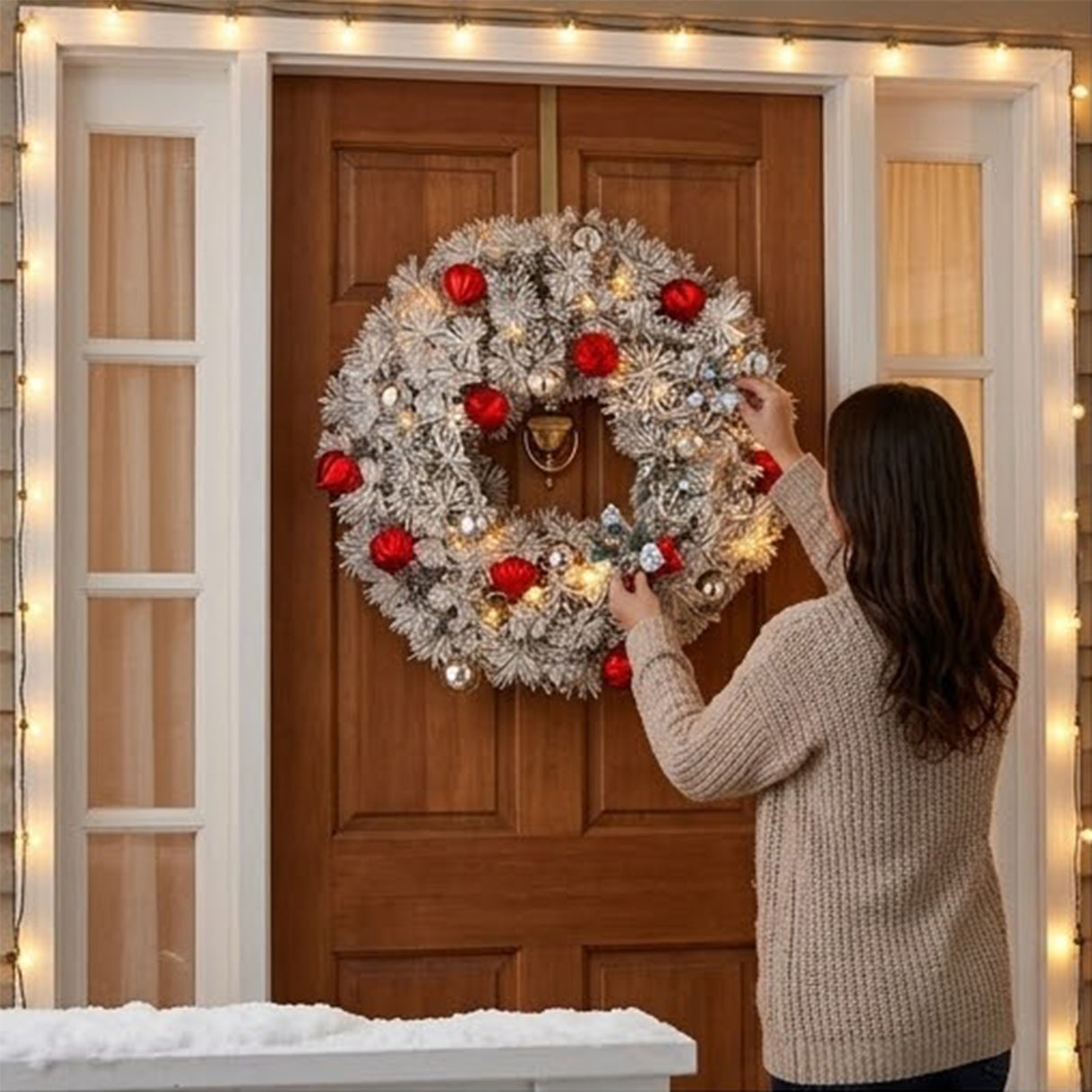 Pre-Lit Snowy Bristle Pine Christmas Wreath with Red & Silver Ornaments, 30 Inch