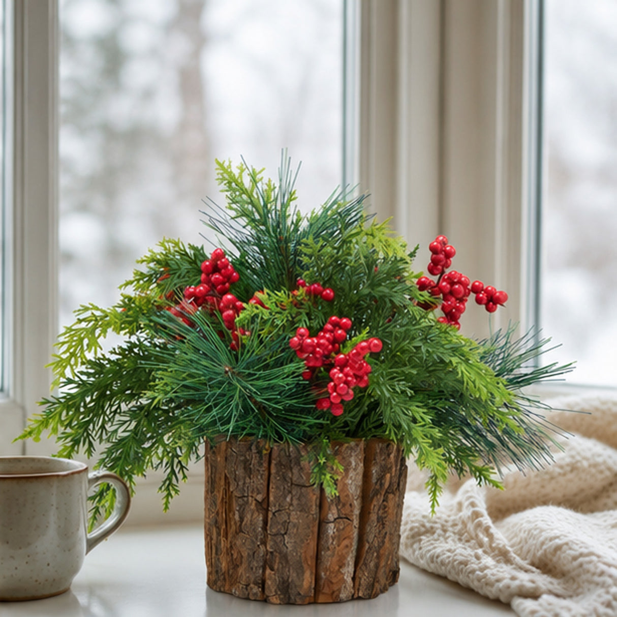 Christmas Classic Centerpiece with Berries & Cypress Tips, 11 Inch Table Decor