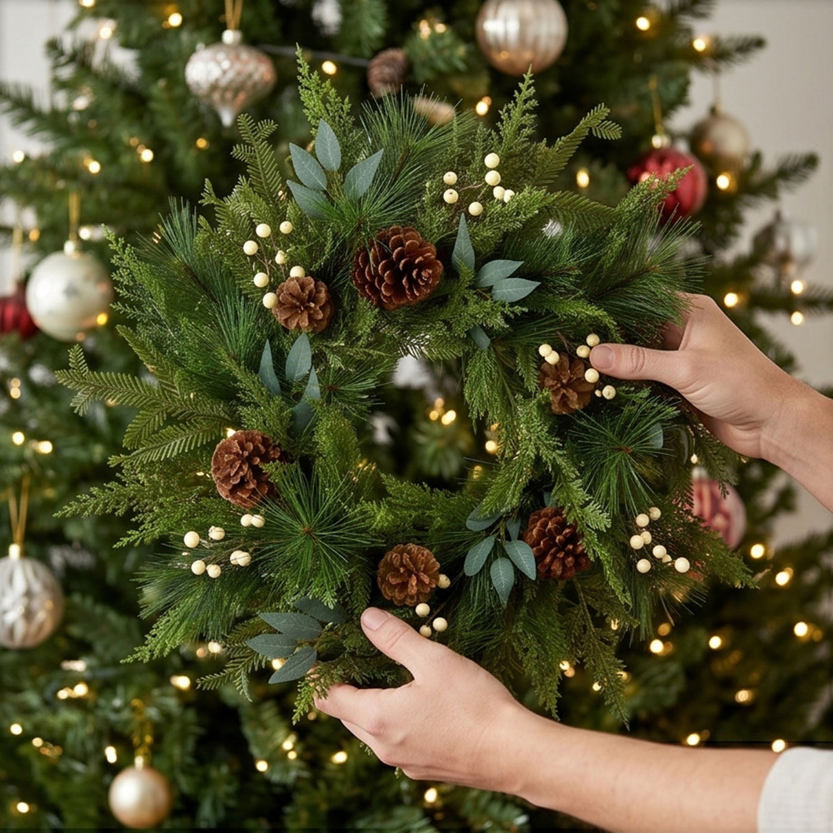Inspired by Nature Christmas Wreath with White Berries & Pinecones, 24 Inch
