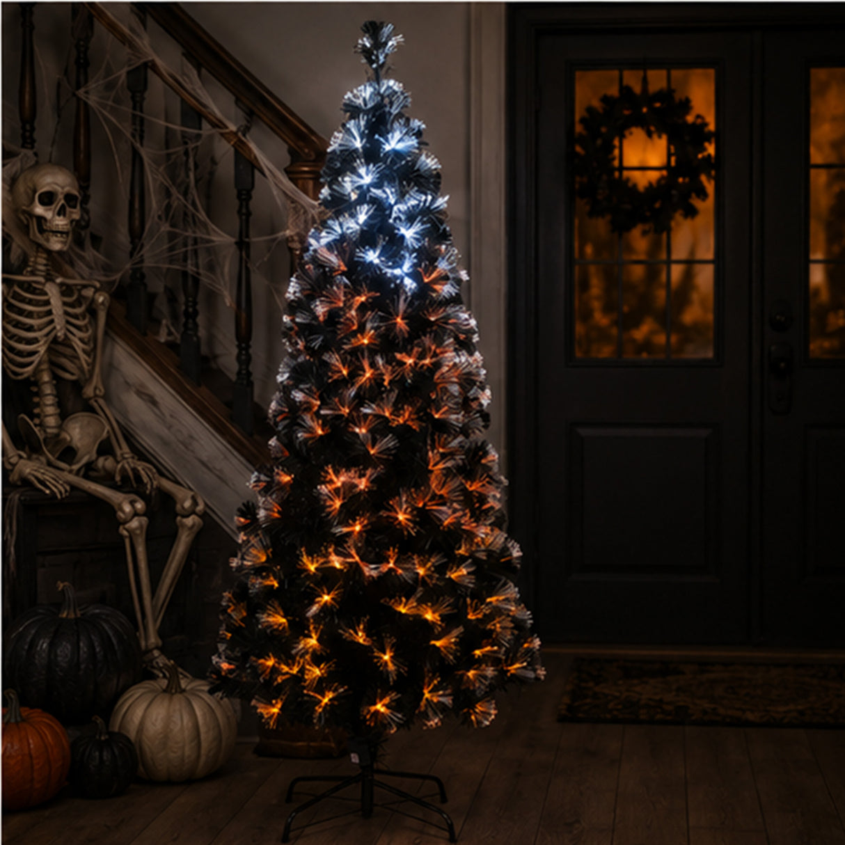 6 ft. Halloween Pre-Lit Black Tree with Fiber Optic Candy Corn LED Lights, Plug-In