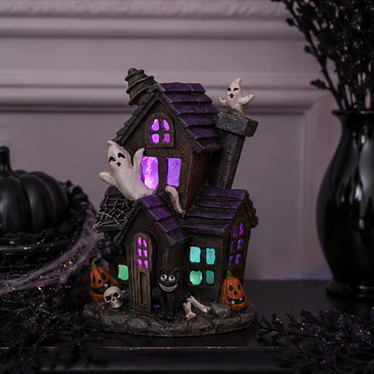 6 in. Halloween Pre-Lit Black Haunted House Decoration with LED Lights