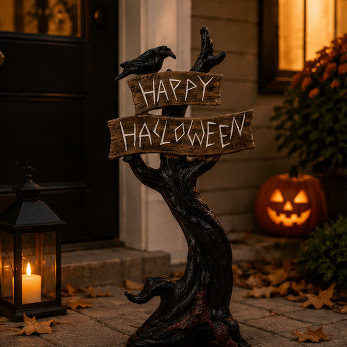 32IN Crow on Tree with Happy Halloween Sign Tabletop Decor