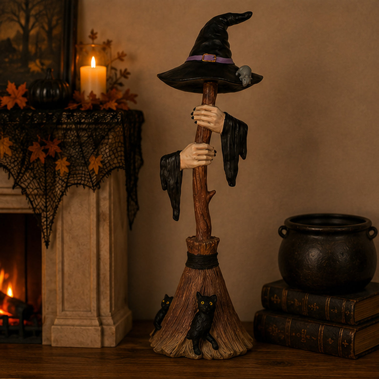 48IN Halloween Witch Broom with Arms & Hat Table Decor