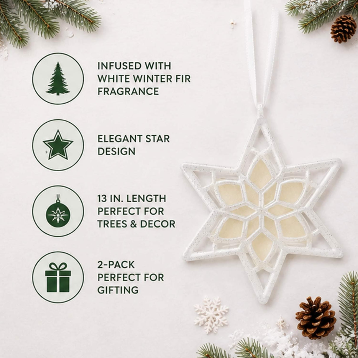 Pack of 2 Scentsicles, Scented Star Ornament, White Winter Fir