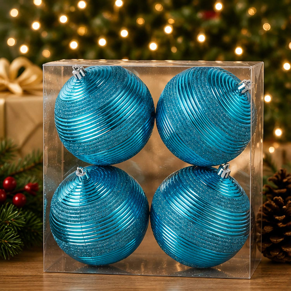 4-Piece Shatterproof Swirling Blue Glitter Christmas Balls