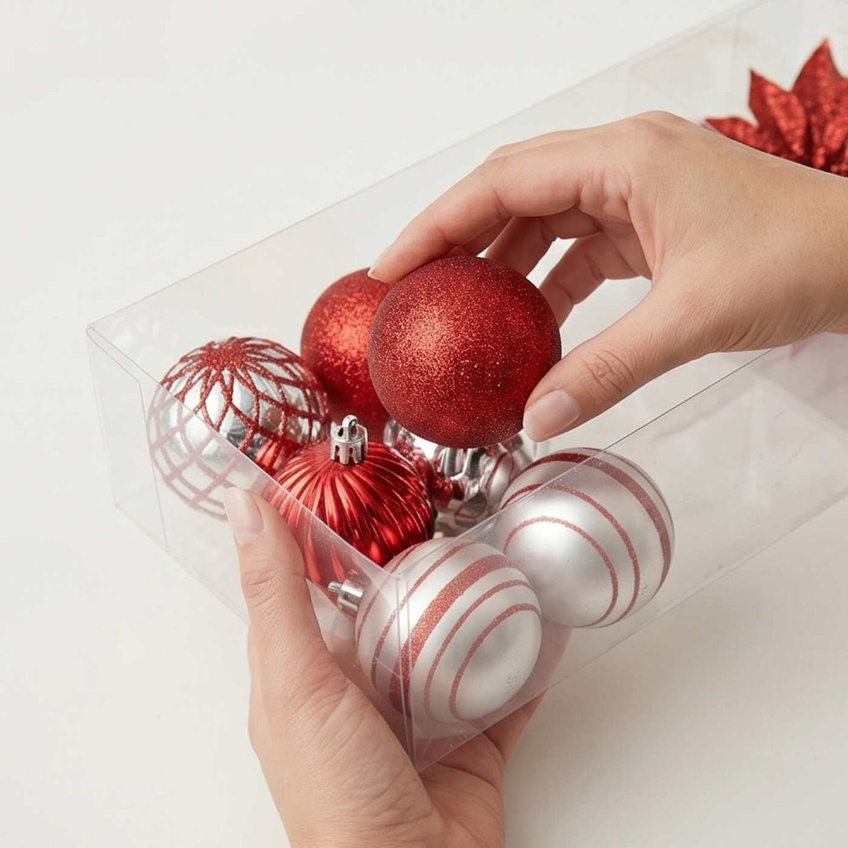 10IN Red & Silver Shatterproof Christmas Ornament Set
