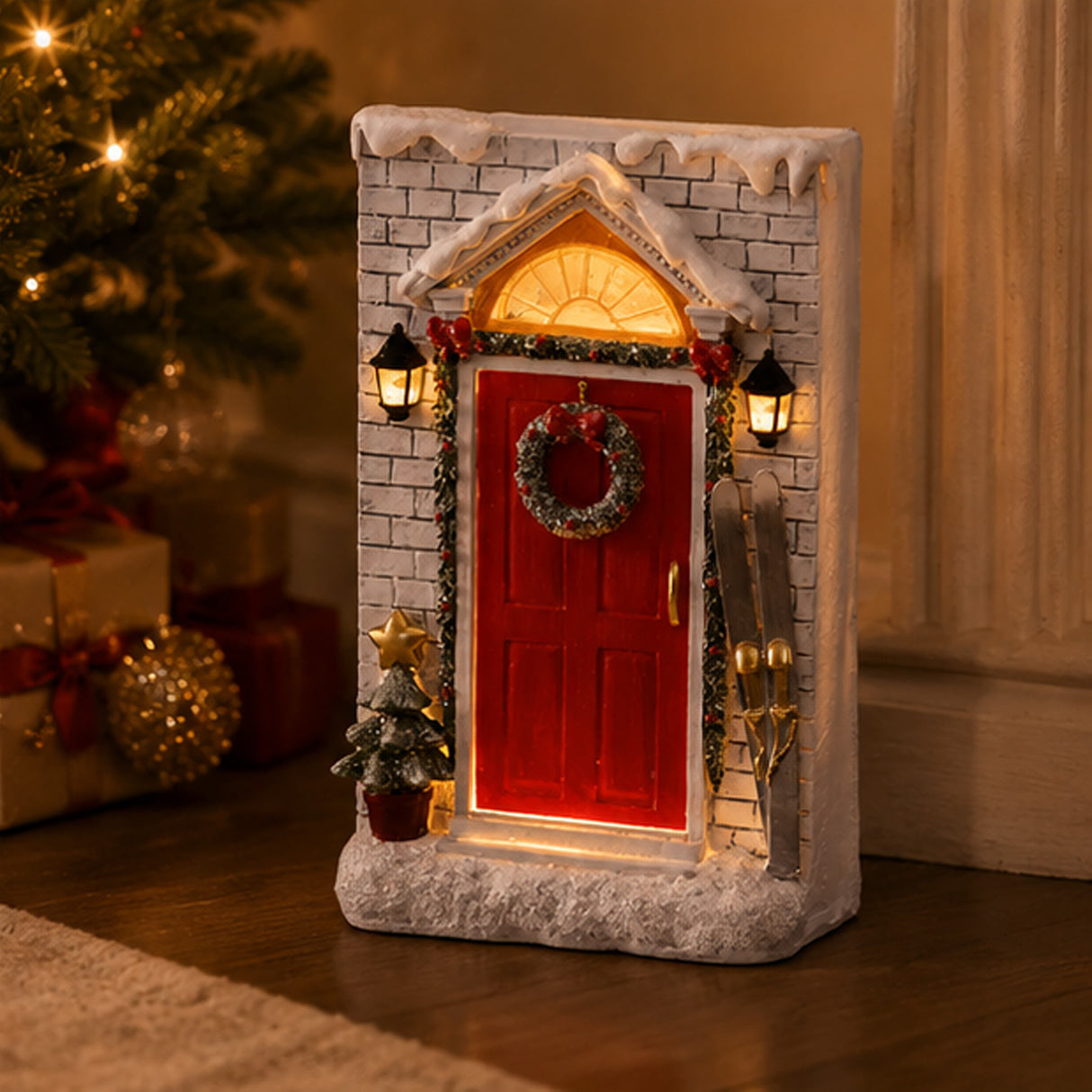 10IN Holiday Door Front Figurine with Warm White LED Lights Indoor Christmas Decor