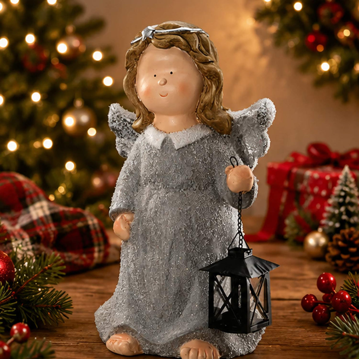 16IN Angel Figurine with Lantern Tea Light Holder Gray Robe Christmas Decor Piece