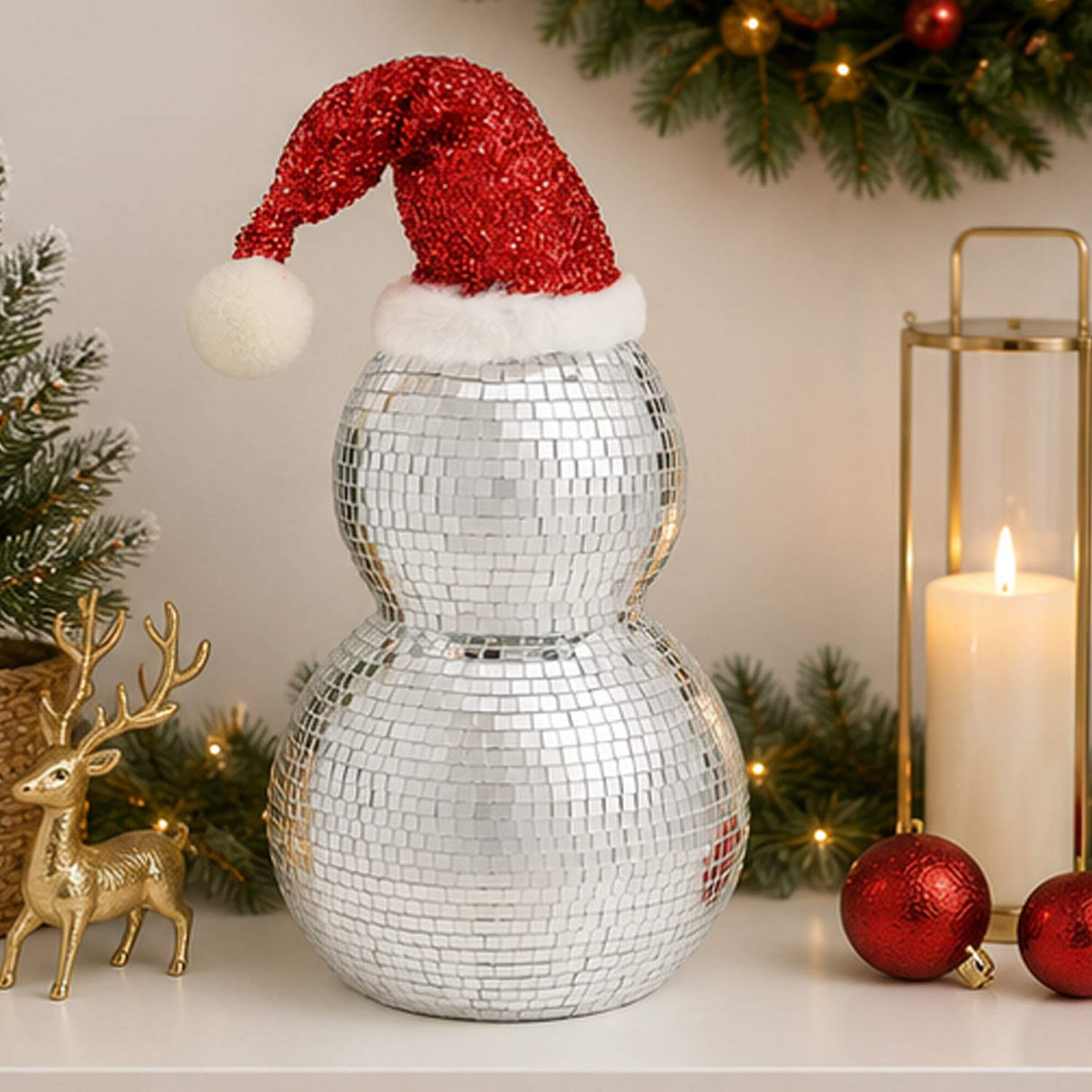 12IN Disco Snowman Figurine with Santa Hat Mirror Ball Christmas Tabletop Decor