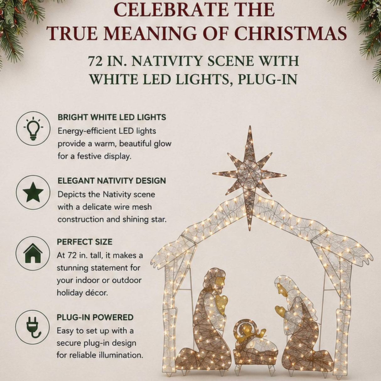 72IN Large Nativity Scene with Cool White LED Lights Plug-In