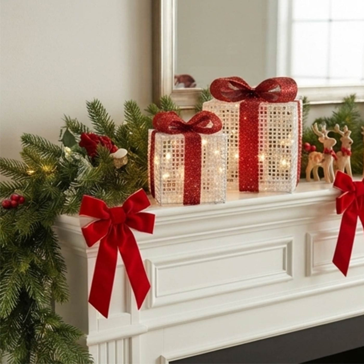 Pre-Lit White Christmas Gift Boxes Set of 3 with Clear Lights Plug-In