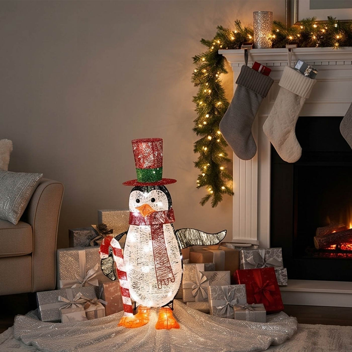 36IN Pre Lit Penguin with Candy Cane LED Holiday Decor