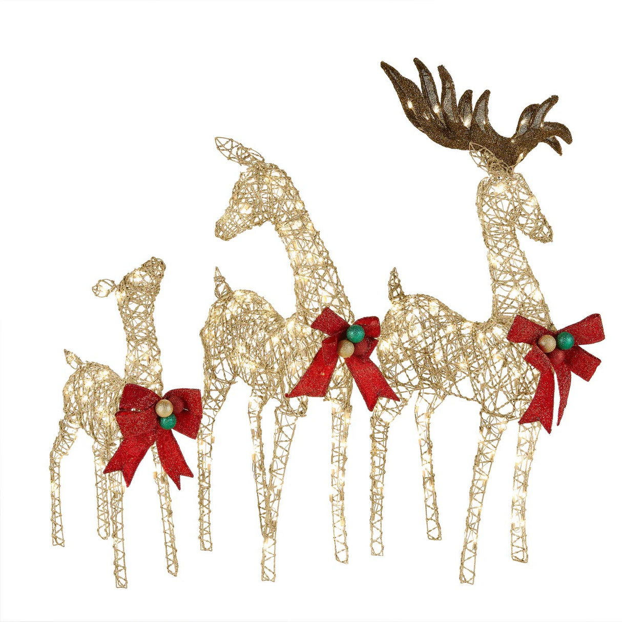 Champagne Glitter Deer Family 3-Piece with Warm White LED Lights