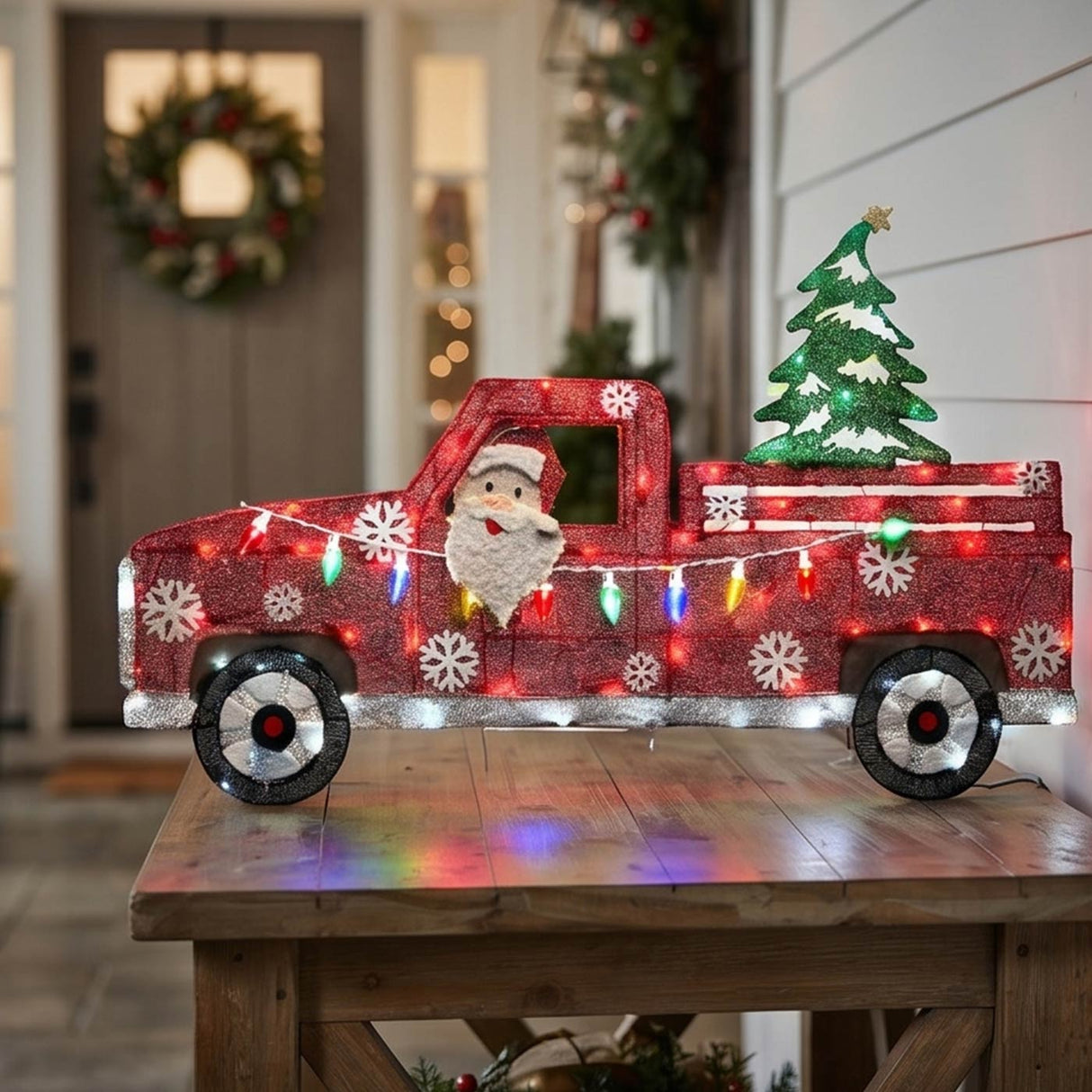 27IN Pre Lit Santa in Red Truck with Multicolor LED Lights