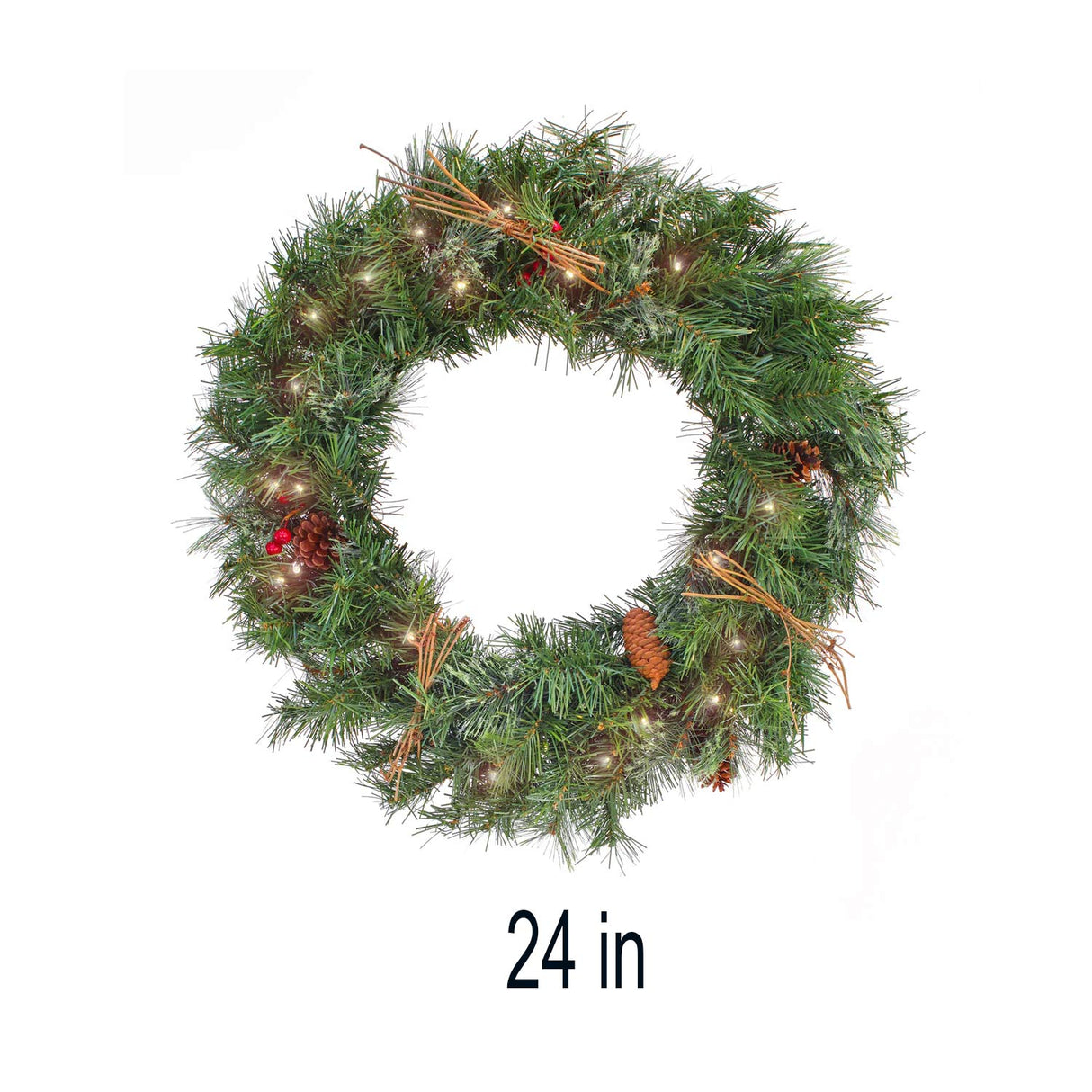 Pre-Lit Glistening Pine Wreath with Warm White LED Lights, 24 Inch