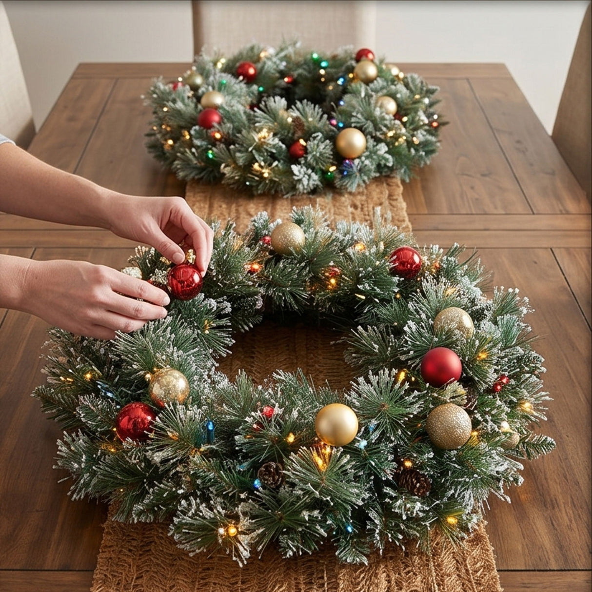 Pre-Lit Glittery Bristle Pine Wreath with Twinkly Smart LED Lights, 24 Inch