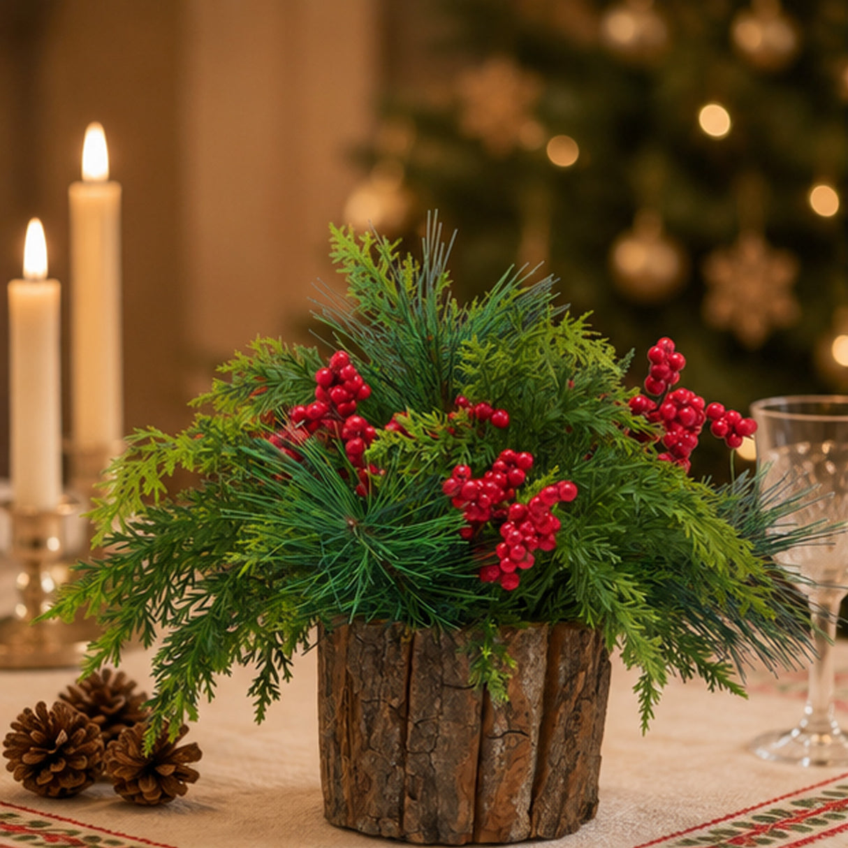 Christmas Classic Centerpiece with Berries & Cypress Tips, 11 Inch Table Decor
