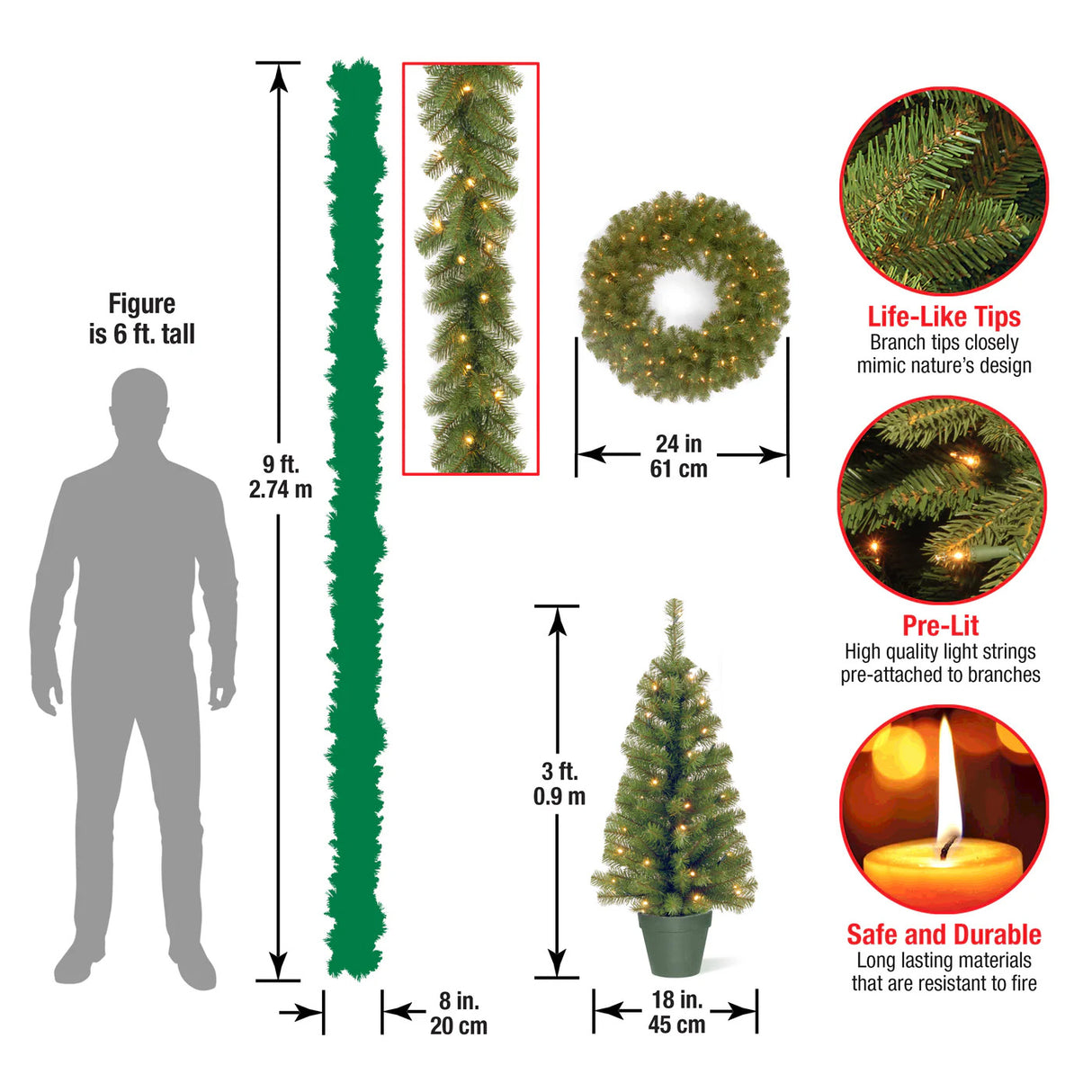 Evergreen Pre-Lit Holiday Assortment Set with Trees, Wreath & Garland, Battery Operated LED