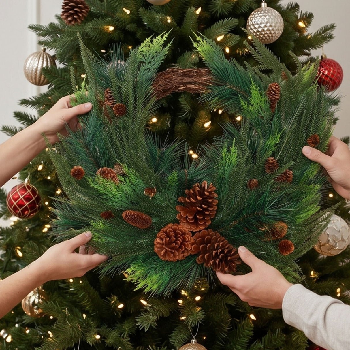 Mixed Bristle Pine Christmas Wreath with Pinecones, 26 Inch