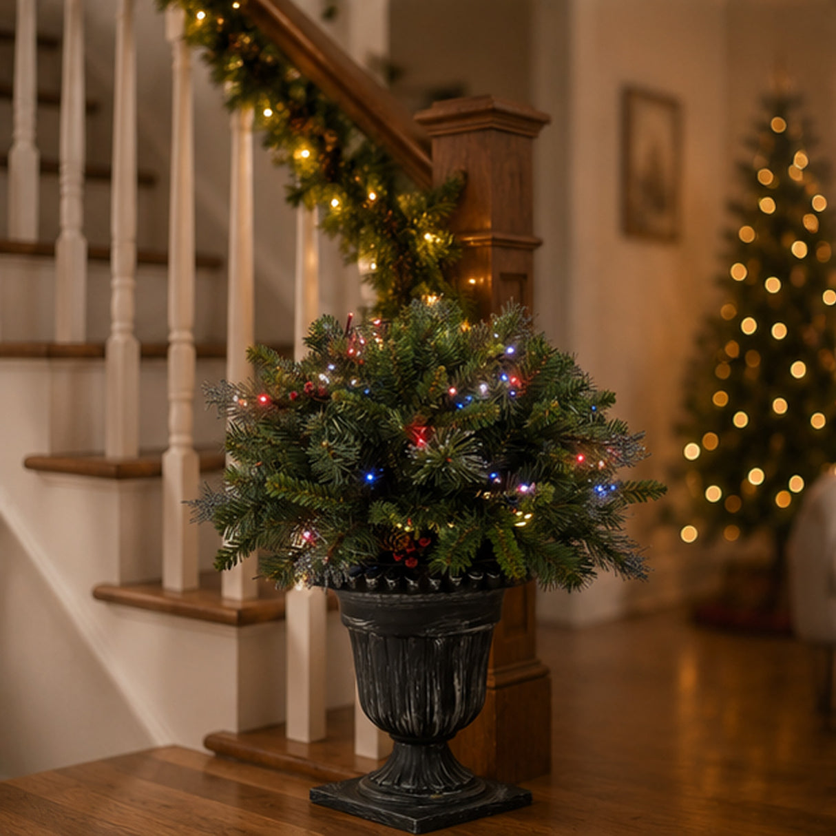 Pre-Lit Crestwood Spruce Porch Bush with Smart Twinkly LED Lights, Plug-In