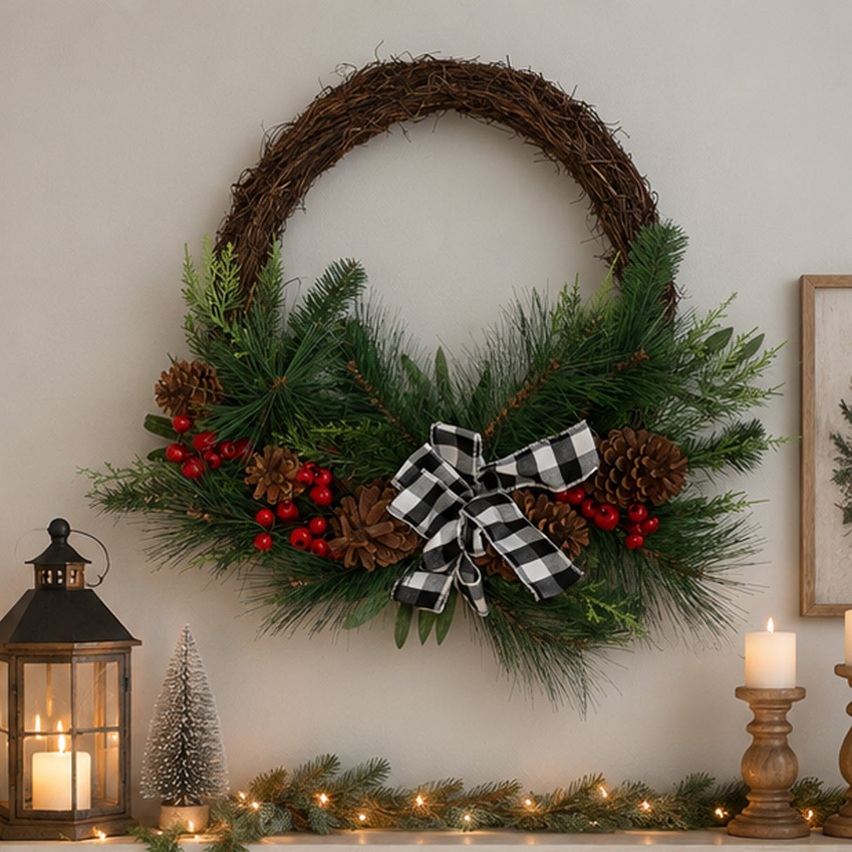 24in Mixed Pine Christmas Wreath with Berries, Pinecones & Plaid Bow