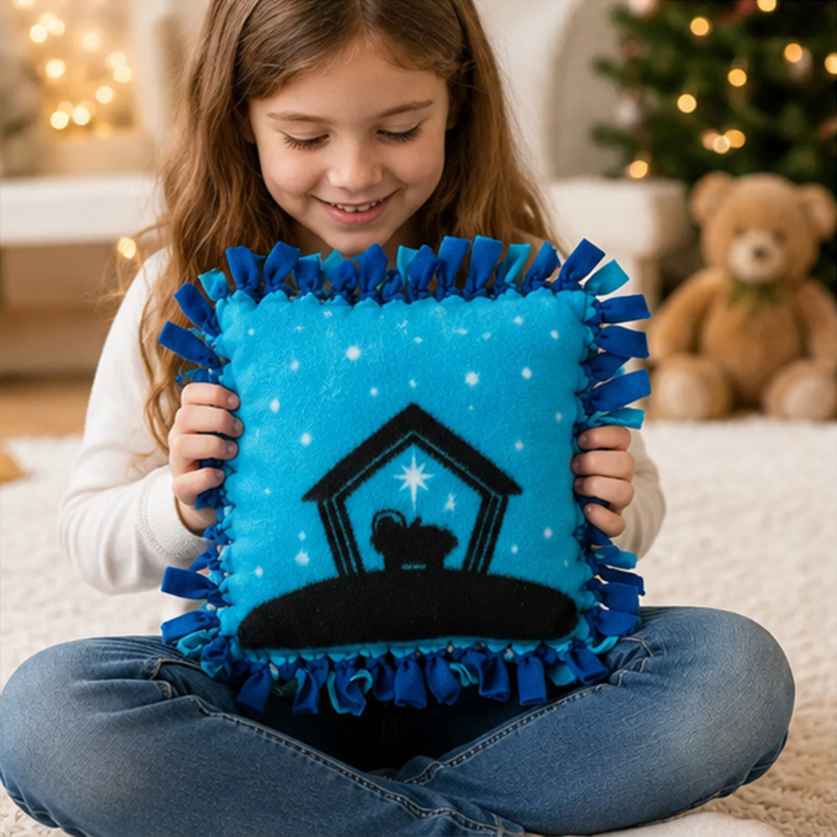 Nativity Silhouette Blue Fleece Tied Pillow Craft Kit 6 Pc DIY
