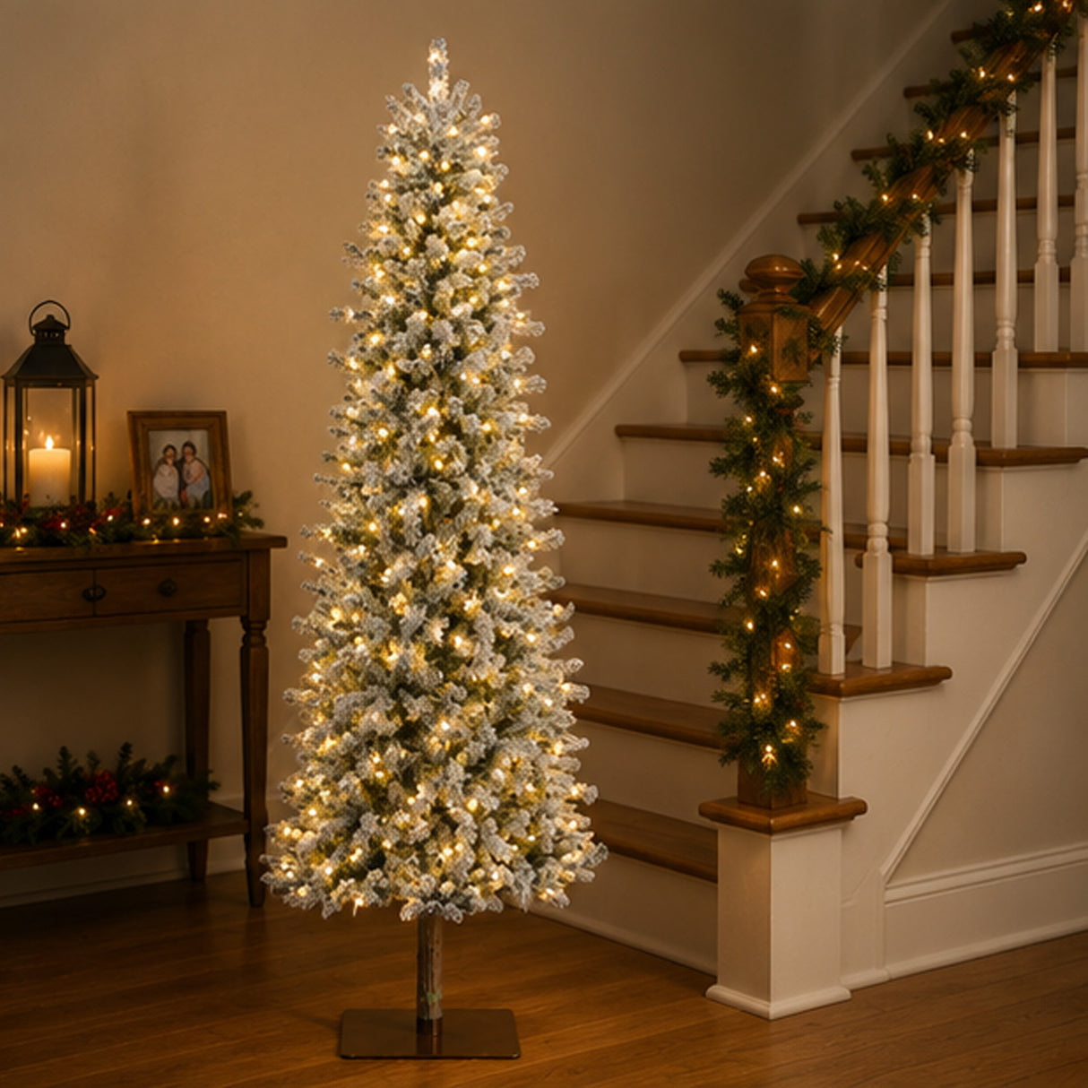 Pre Lit Flocked Alpine Slim Pencil Christmas Tree with LED Lights