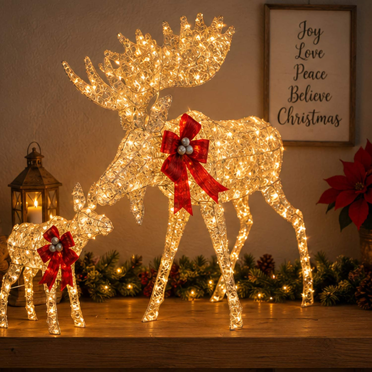 Lighted Moose Family Outdoor Christmas Decoration Set 2 Pc with LED Lights