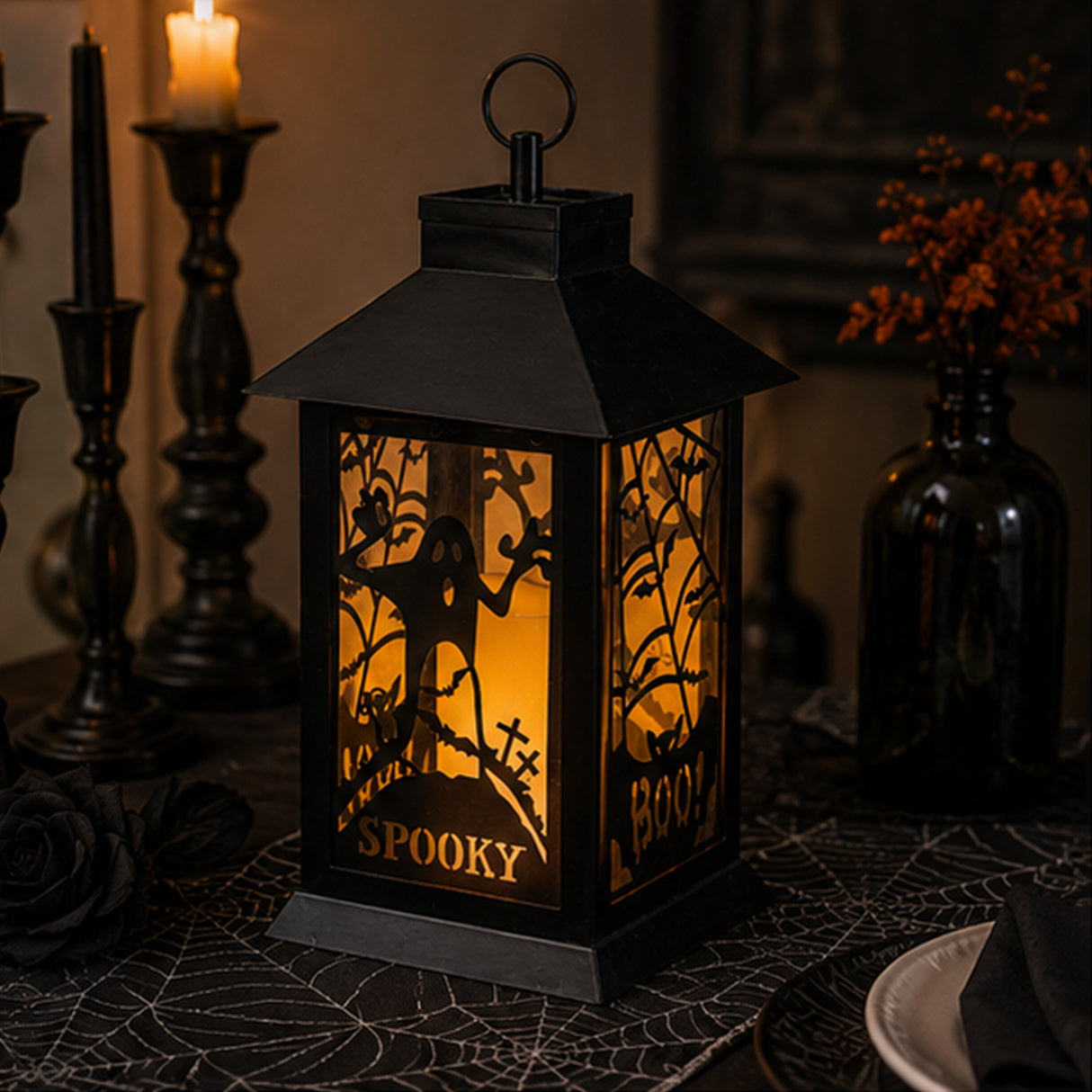 16 in. Halloween Carved Images of Ghosts and Cobwebs Lantern with LED Lights