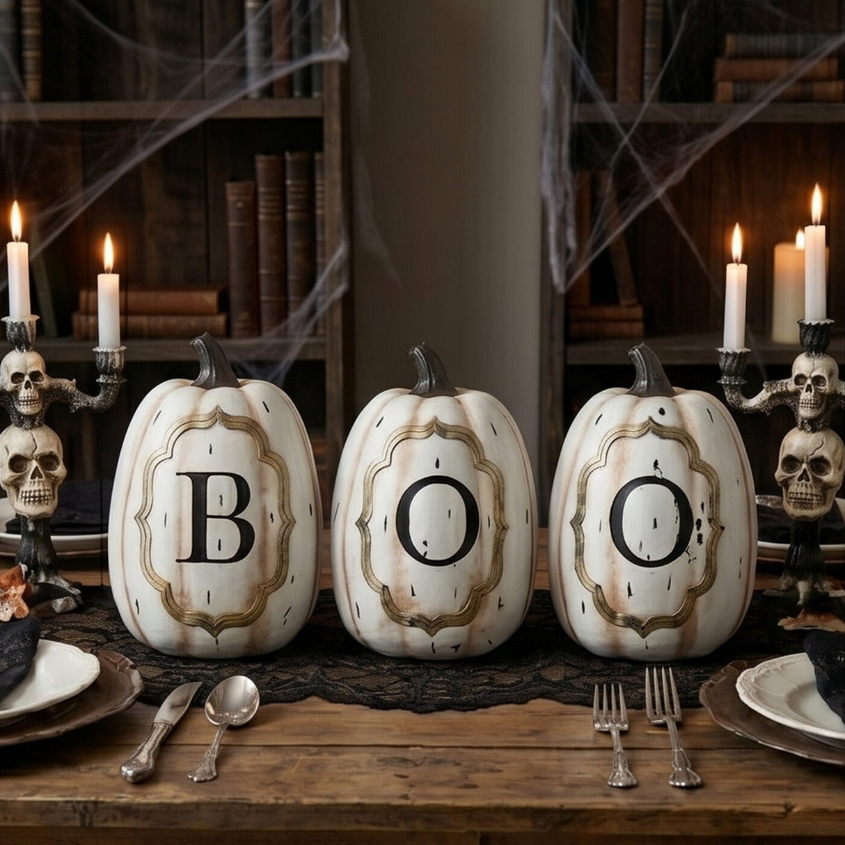 13 in White Pumpkin BOO Sign Halloween Tabletop Decor Set