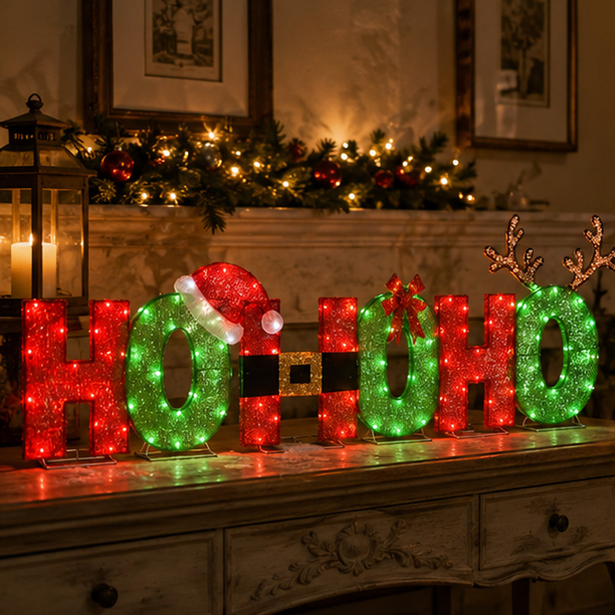 23IN Tinsel Fabric HO HO HO Christmas Sign with Red & Cool White LED Lights Plug-In