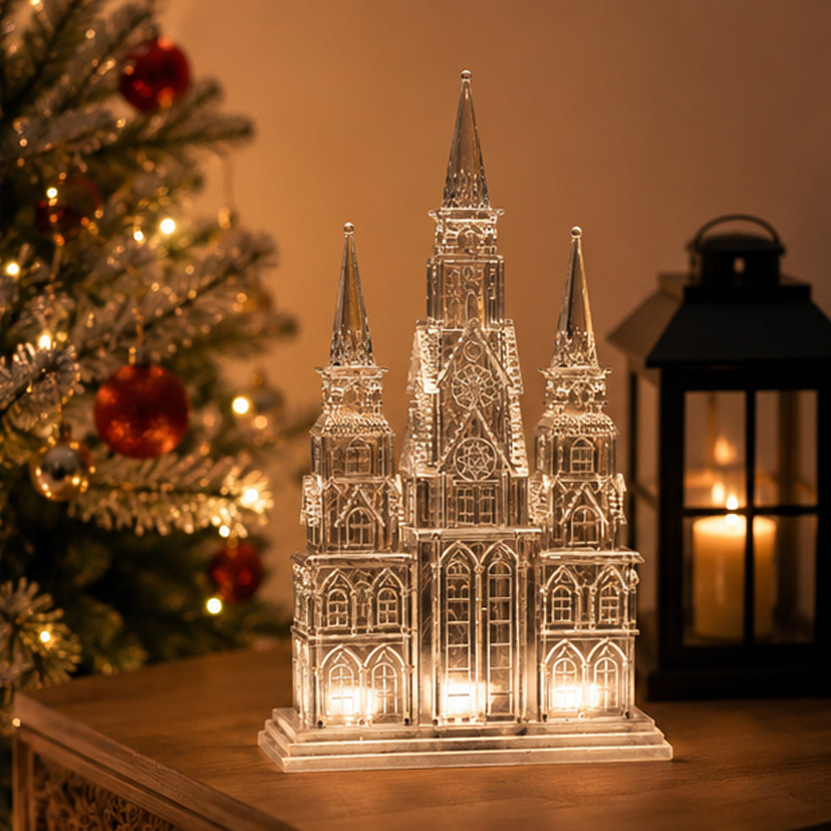17IN Christmas Cathedral Figurine with Warm White LED Lights & Silent Night Music Indoor Decor