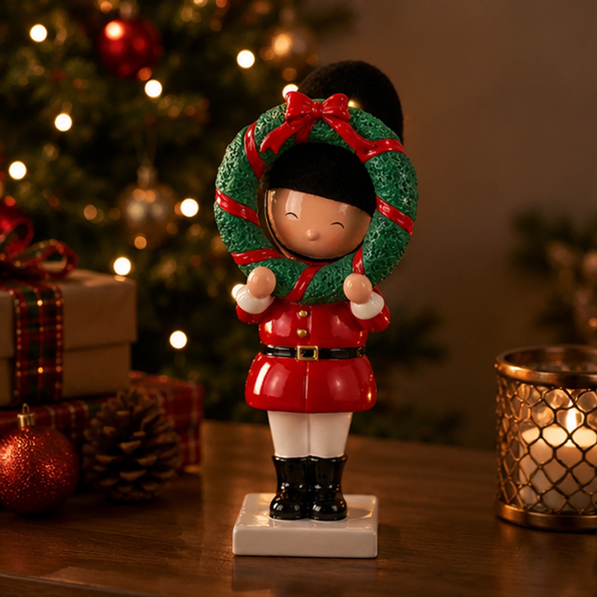 10IN Christmas Soldier Figurine Holding Wreath Hand-Painted Indoor Holiday Decor