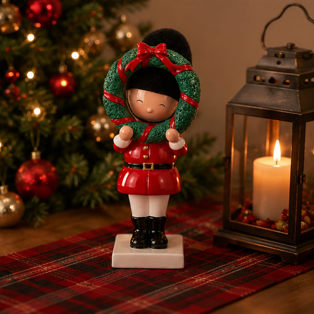 10IN Christmas Soldier Figurine Holding Wreath Hand-Painted Indoor Holiday Decor