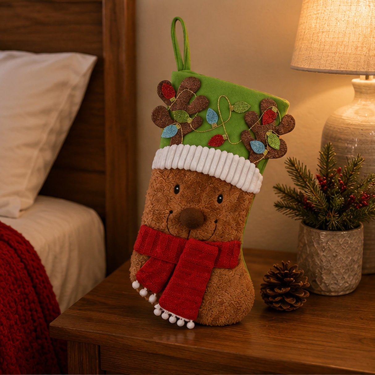 20IN Be Merry Collection Teddy Bear Christmas Stocking with Red Scarf & Green Hat