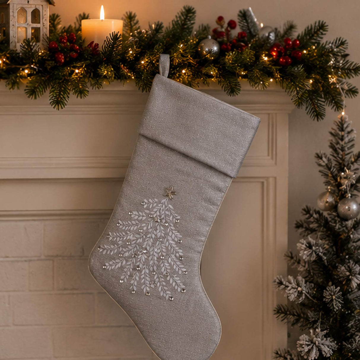 19IN Silver Christmas Stocking with Tree Embroidery Design