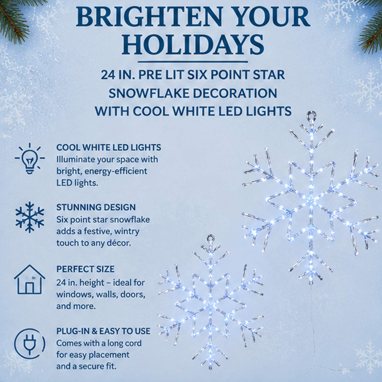 24IN Pre-Lit Six Point Star Snowflake with Cool White LED Lights