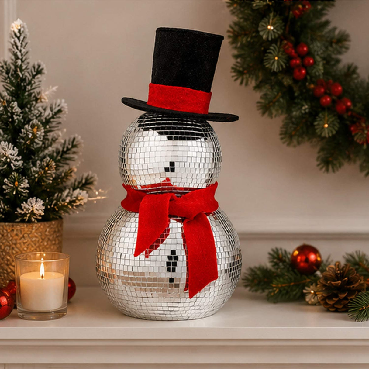 12IN Disco Snowman Figurine with Red Scarf & Black Top Hat Mirror Ball Christmas Decor