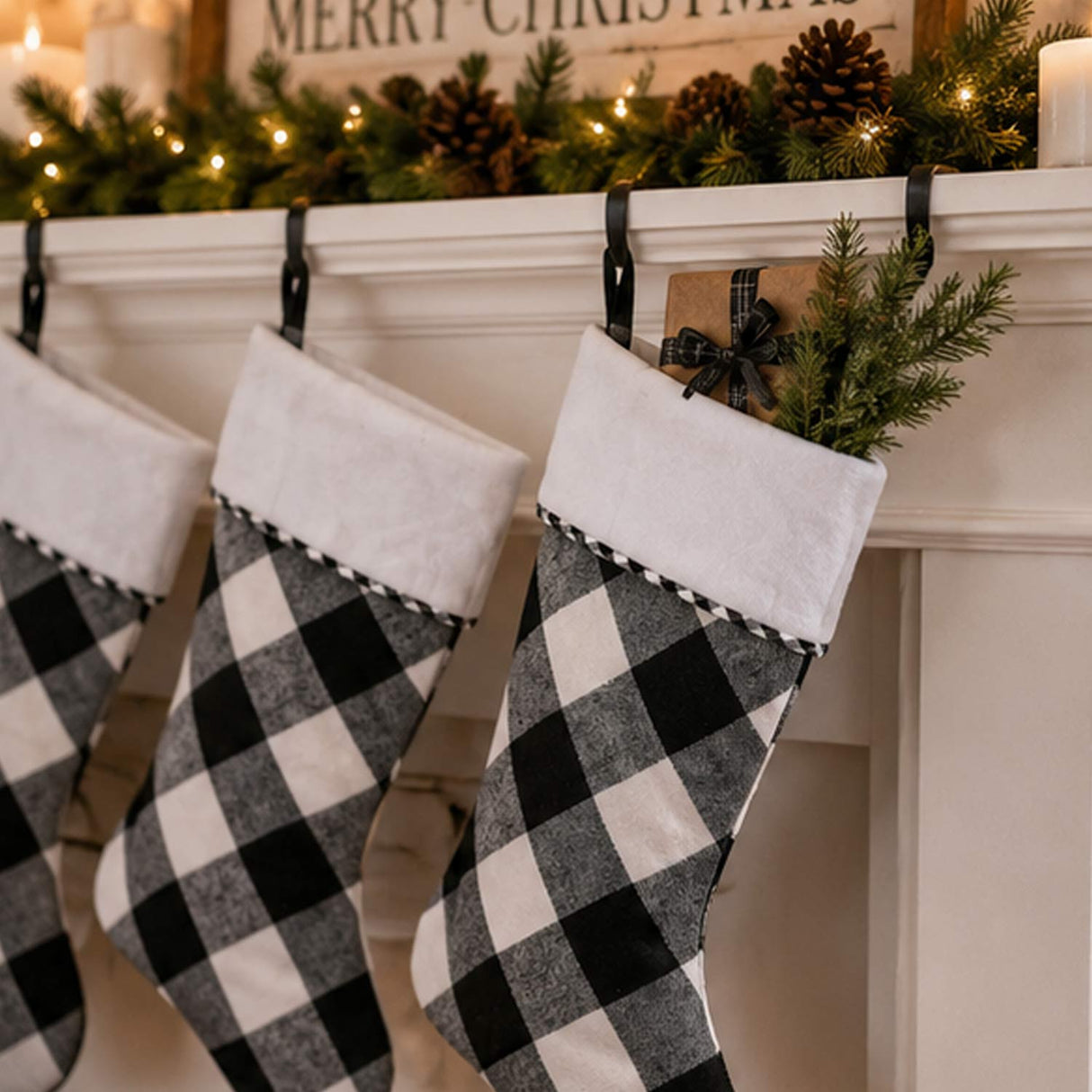 19IN General Store Collection Black & White Plaid Christmas Stocking