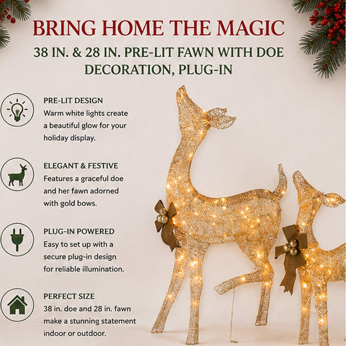 38IN & 28IN Pre-Lit Fawn and Doe Deer Decoration Set
