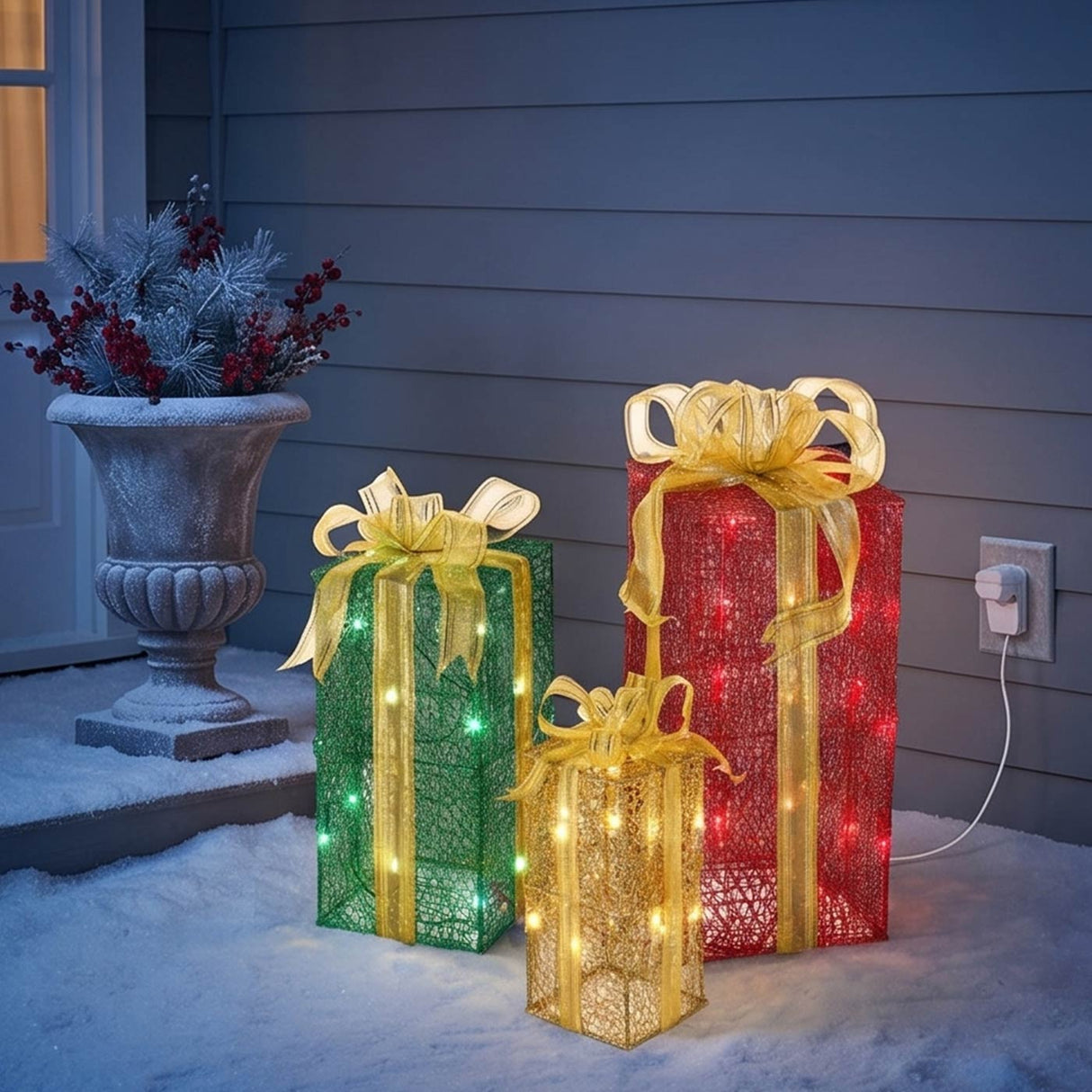 Pre-Lit Multicolor Christmas Gift Boxes Set of 3 with Warm White Lights
