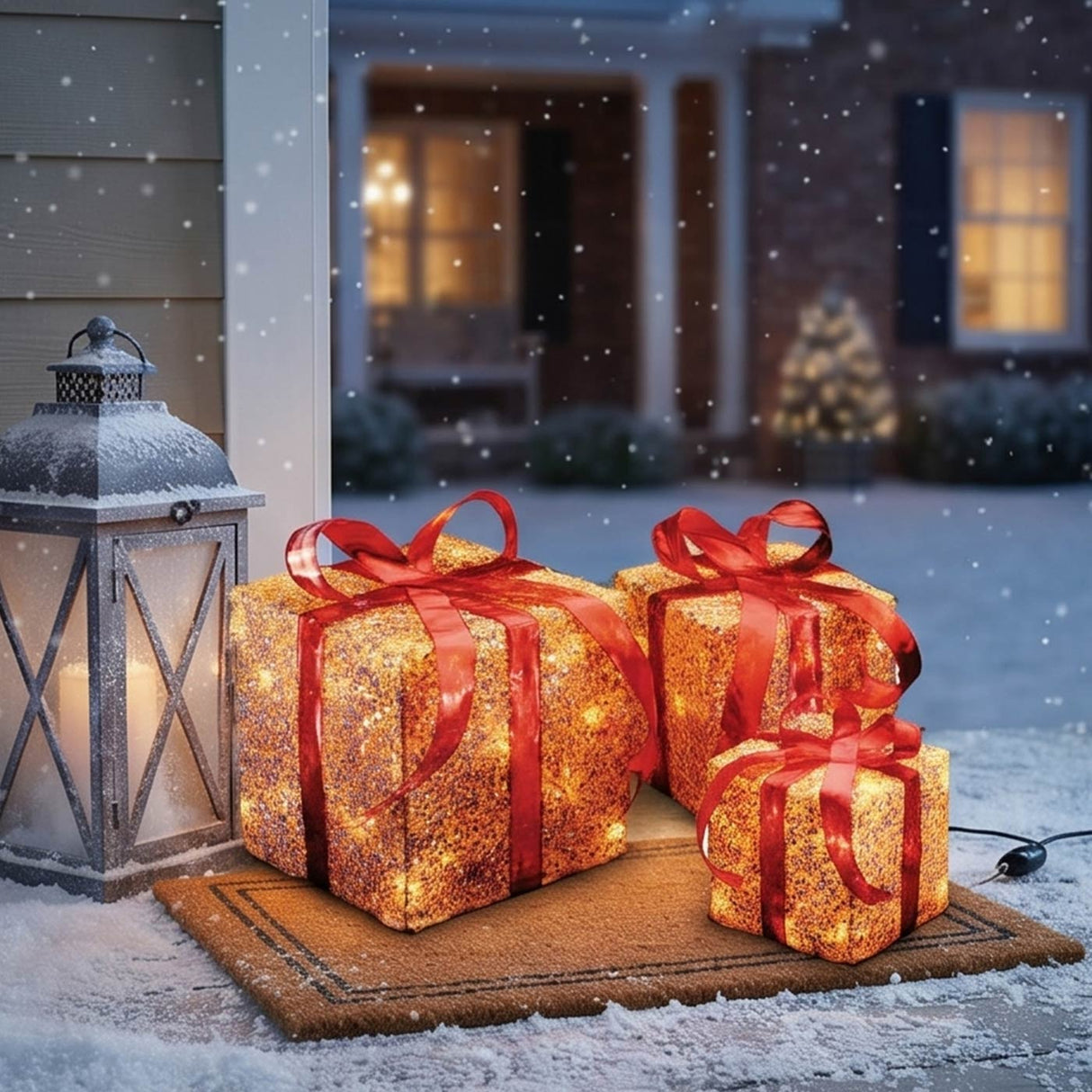 Pre Lit Gold Gift Box Set of 3 with Red Bow LED Decoration